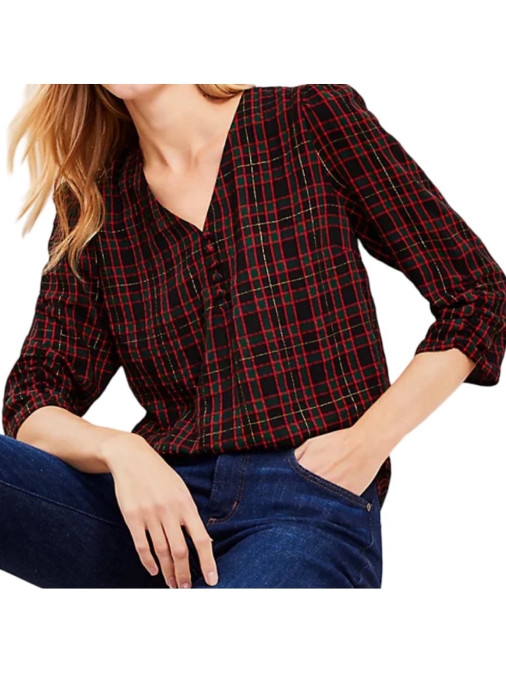 LOFT Black Red Green Gold Plaid Relaxed V-Neck Blouse Holiday Medium